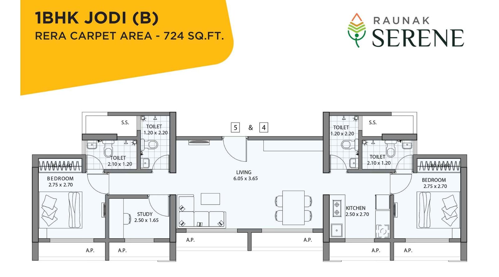 Raunak-Serene-Floor-Plan-1-BHK-Jodi-724-sqft